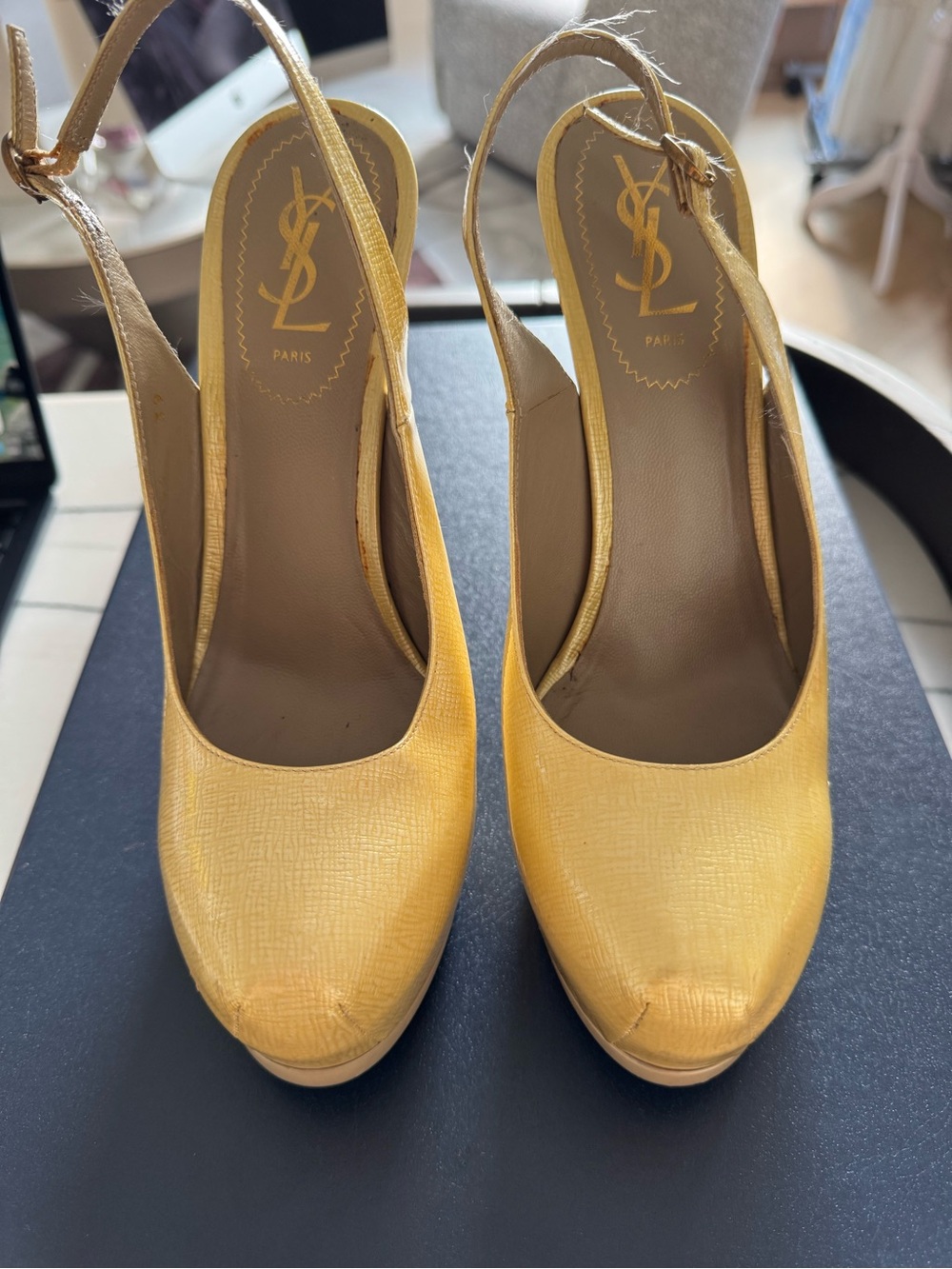 Yves Saint Laurent Yellow Leather Slingback Platform Pumps